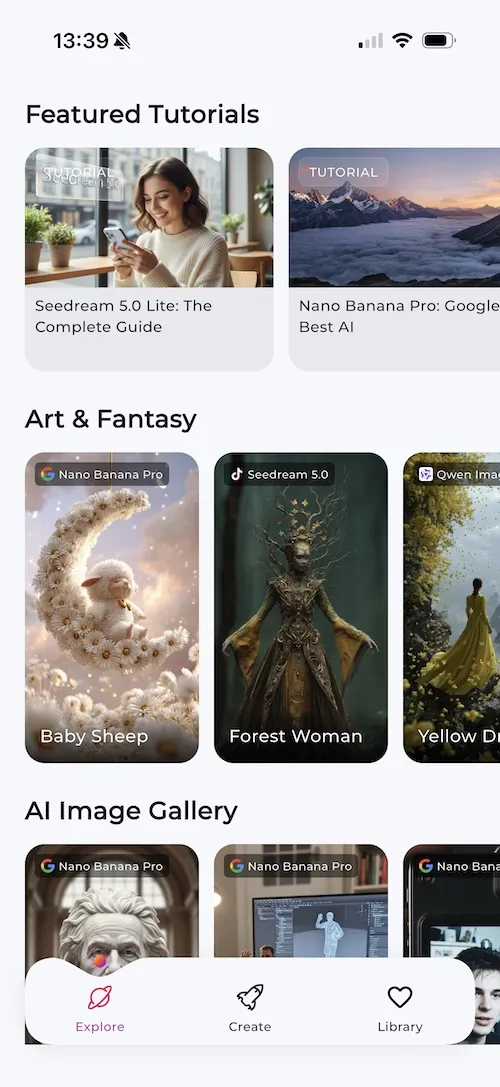 LUNA AI art generator explore feed showing community AI-generated artwork and trending creations