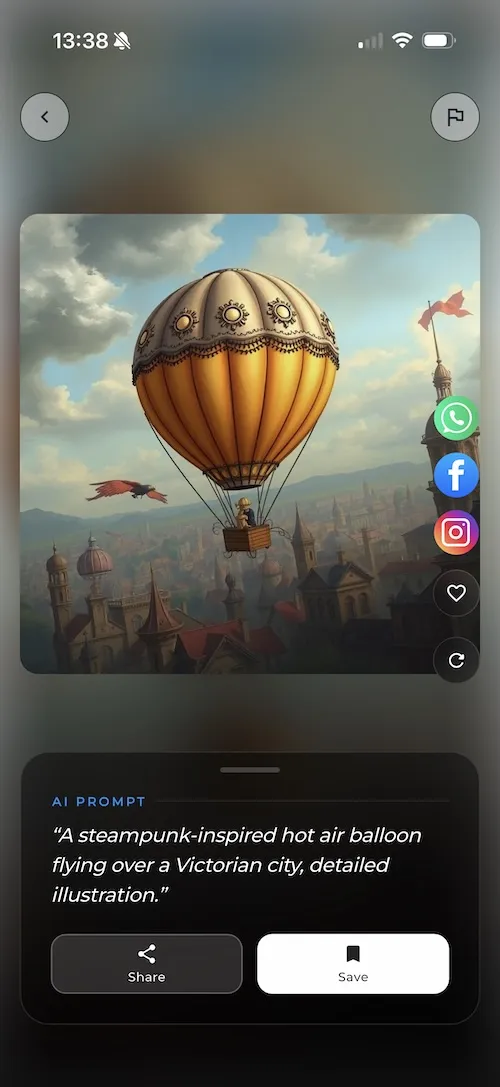 LUNA AI art generator library showing saved AI artworks and generation history on mobile