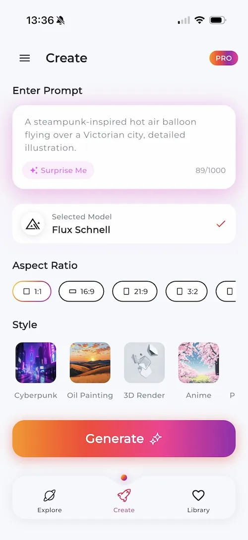 LUNA AI Art Generator app showing text-to-image creation with Flux Schnell model, style selection, and generate button