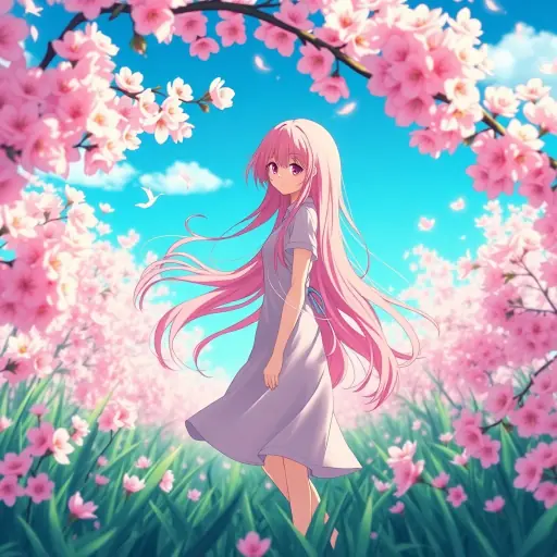 Anime AI art of a girl with pink hair in cherry blossoms generated with LUNA AI art generator app