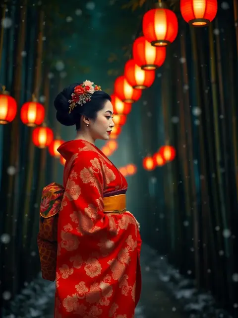 Geisha in a lantern-lit bamboo forest — Japanese style AI art generated with LUNA AI art app