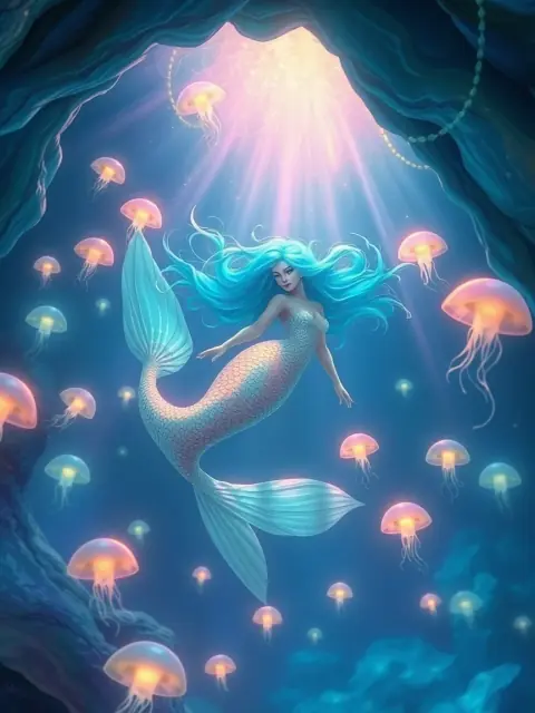 AI art of an ethereal mermaid in a bioluminescent underwater cave generated by LUNA text to image AI