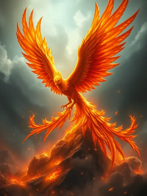 Phoenix rising from flames with fiery wings — mythological AI art created with LUNA AI image generator