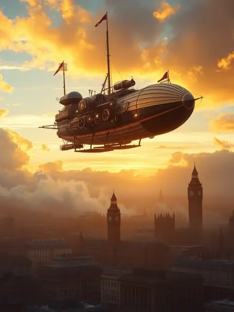 Steampunk airship above Victorian London — retro-futuristic AI art created with LUNA text to image app