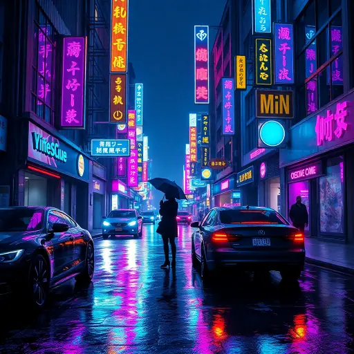 Cyberpunk AI art of a neon city street at night in the rain created with LUNA AI art generator