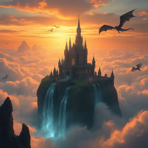 Fantasy AI art of a floating castle above clouds with dragons generated by LUNA AI image generator
