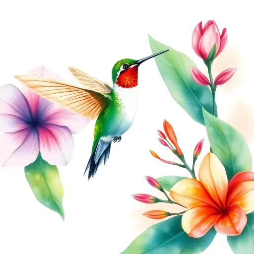 Watercolor AI art of a hummingbird with tropical flowers generated by LUNA AI image generator app